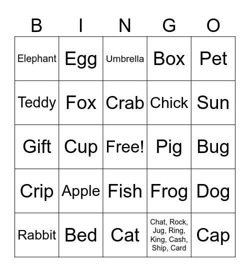 English Bingo Card