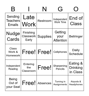 Class Procedures Bingo Card