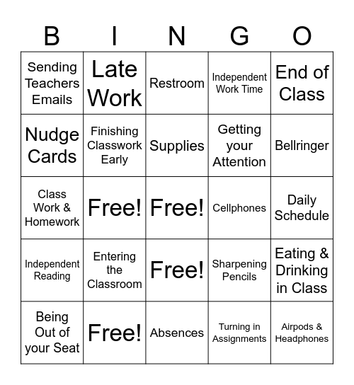 Class Procedures Bingo Card