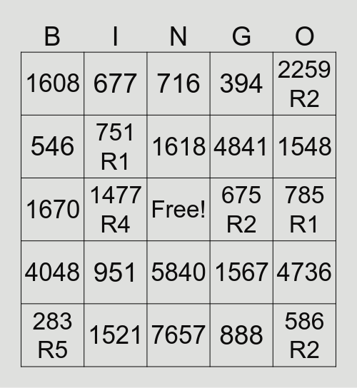 Multiplication & Division Bingo Card