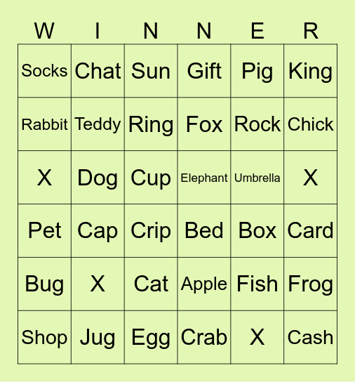 English Bingo Card