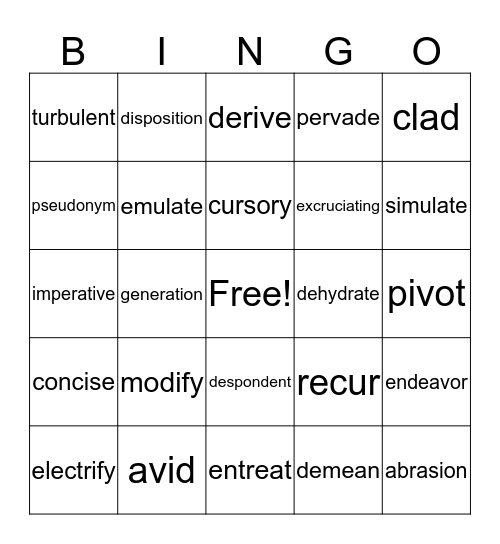 Vocabulary Bingo Card