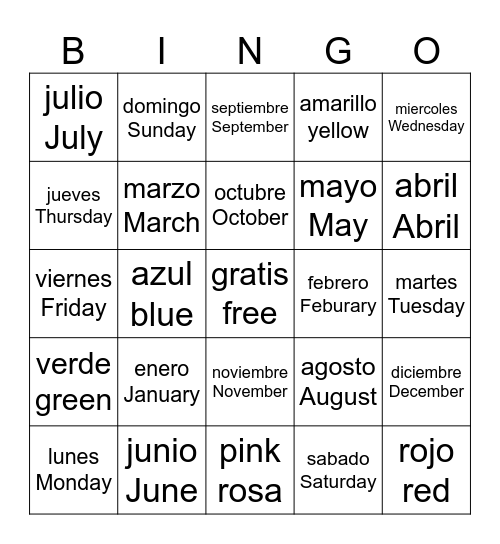 Meses y Dias Bingo Card
