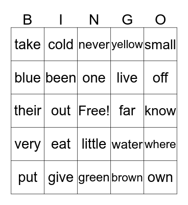 1st Grade Sight Words 10-12 Bingo Card