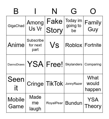 Youtube Shorts Bingo Card