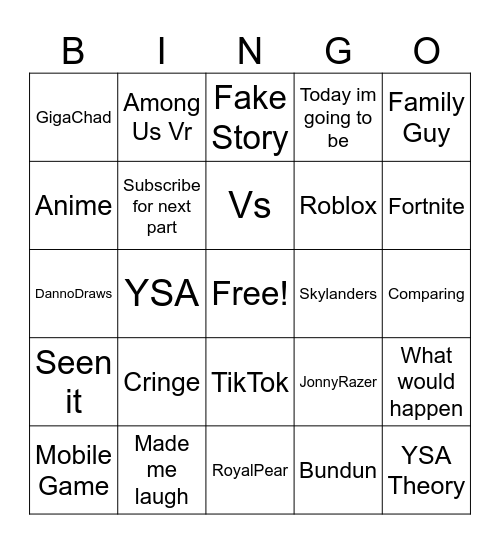 Youtube Shorts Bingo Card