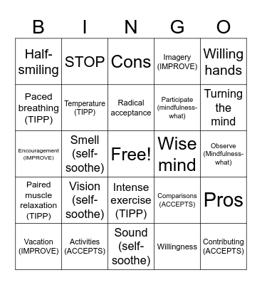 Distress tolerance BINGO Card