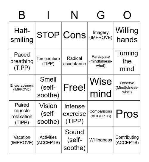 Distress tolerance BINGO Card