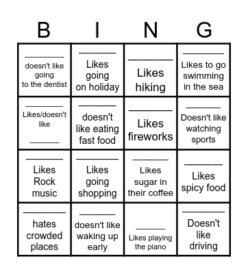 Likes/dislikes Bingo Card