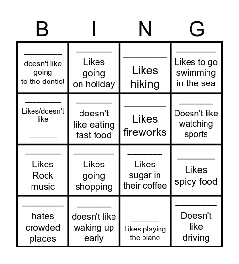 Likes/dislikes Bingo Card