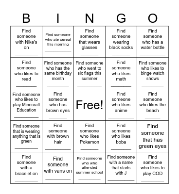 CLASSMATE Bingo Card