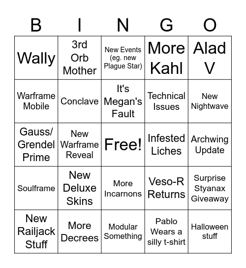 Tennocon 2023 Bingo Card