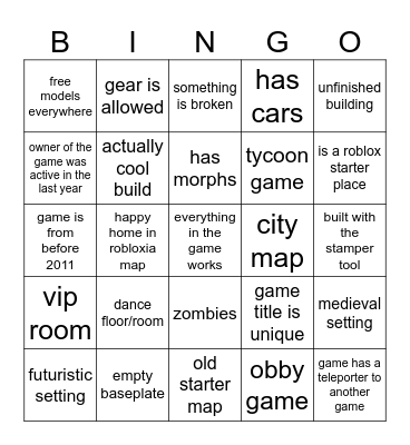 Roblox "Place Roullete" bingo Card