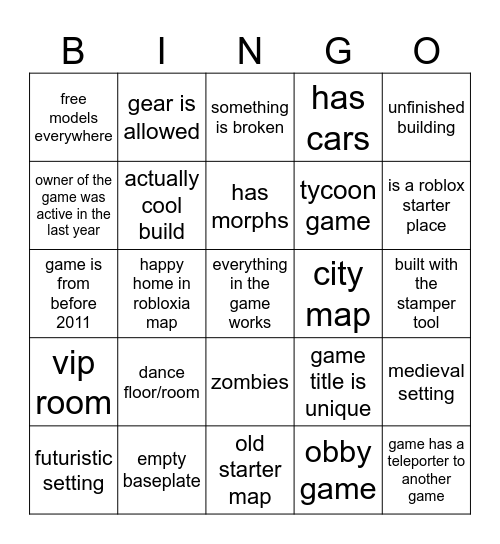 Roblox "Place Roullete" bingo Card