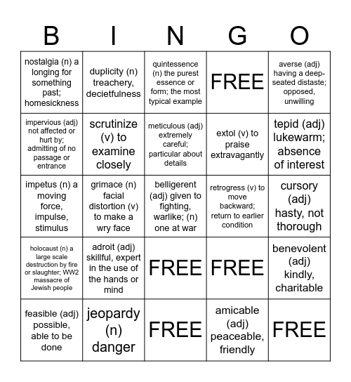 Vocab Unit 2 Bingo Card