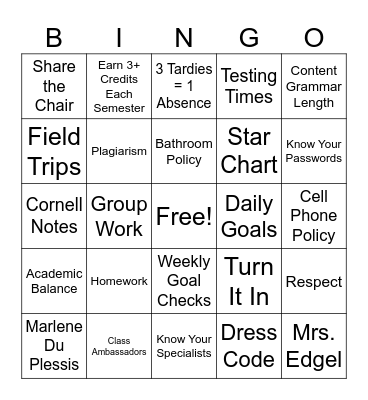 First Day Bingo Card