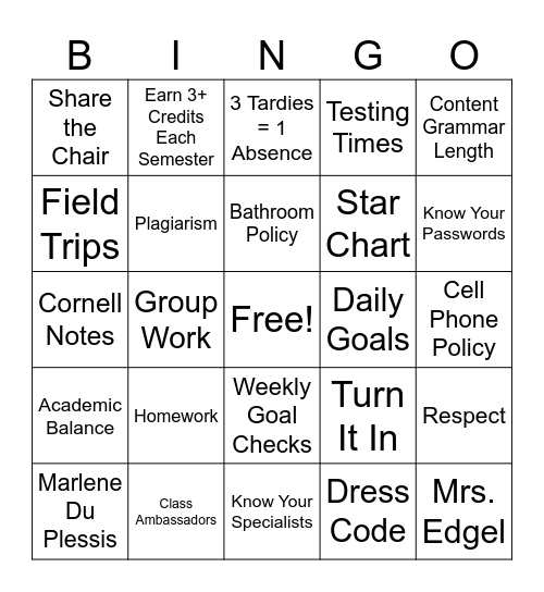 First Day Bingo Card