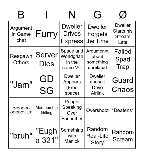 Dweller Stream Bingo Card