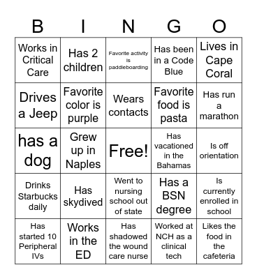 NCH Nurse Residency Program Bingo Card