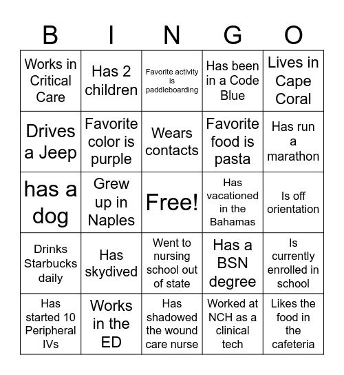 NCH Nurse Residency Program Bingo Card