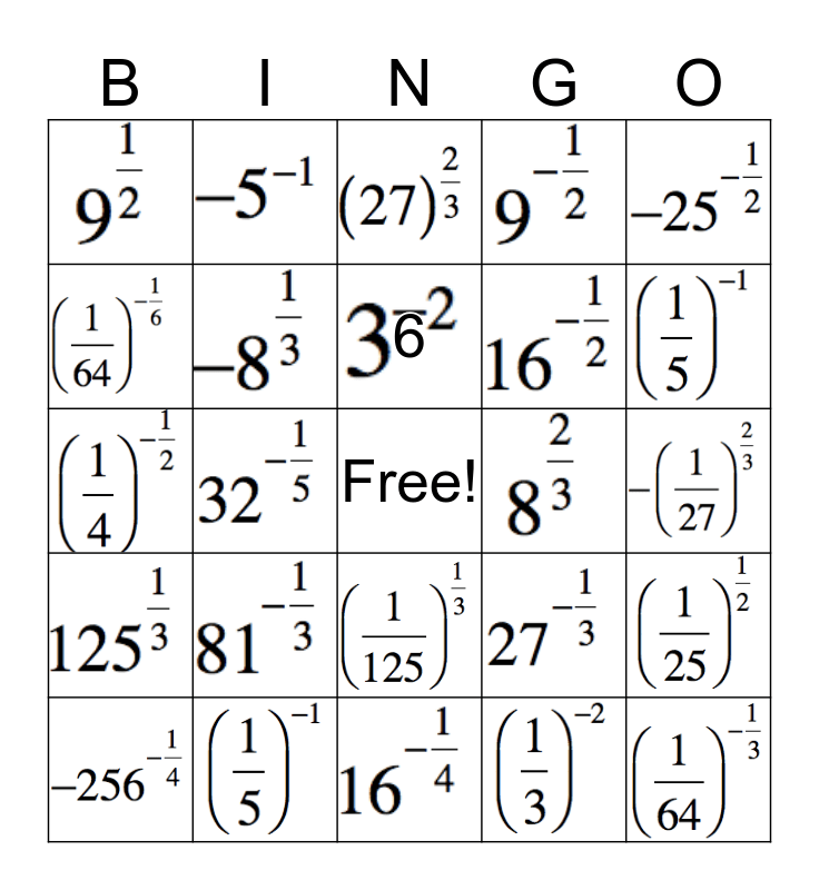 Negative & Rational Exponents Bingo Card