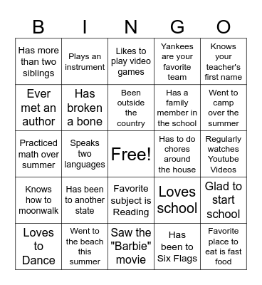 First Day of School Bingo Card