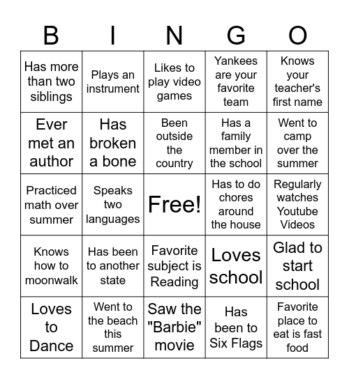 First Day of School Bingo Card