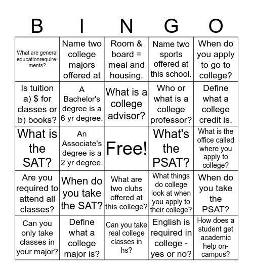 College Knowledge Bingo Card