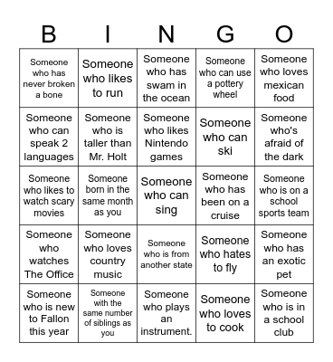 Scavenger Hunt-Getting to Know You Bingo Card