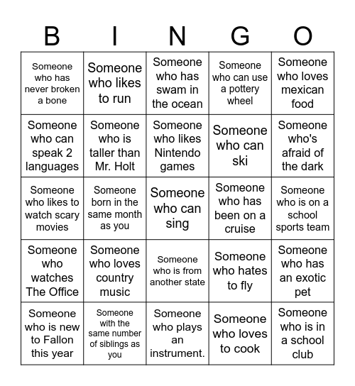 Scavenger Hunt-Getting to Know You Bingo Card