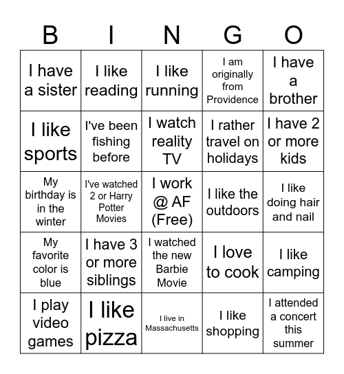 Things in Common Bingo Card