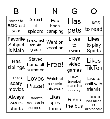 Students Bingo Card