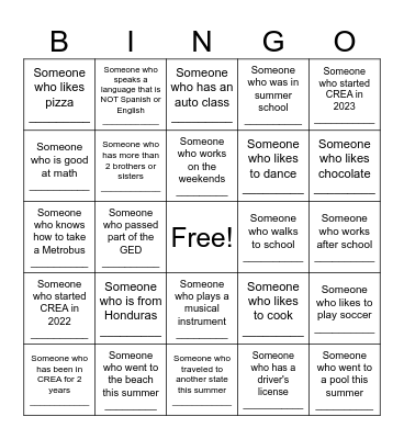 Math Class First Day Bingo Card