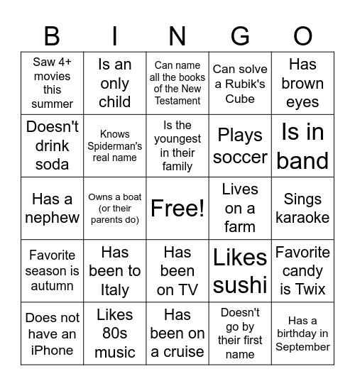 Andersen's Getting to Know You Bingo Card