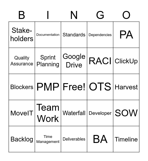Project Analyst Bingo Card