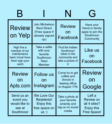 Southmoor Bingo Card