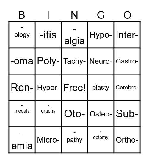 Medical Terminology Bingo Card