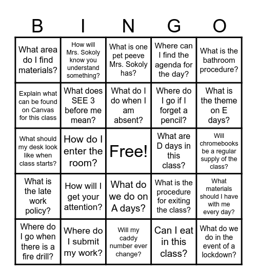 classroom procedurees bingo