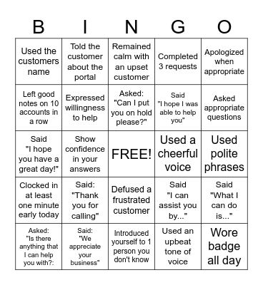 Call Center Bingo Card