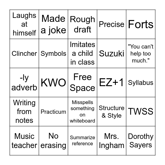 IEW Bingo Card