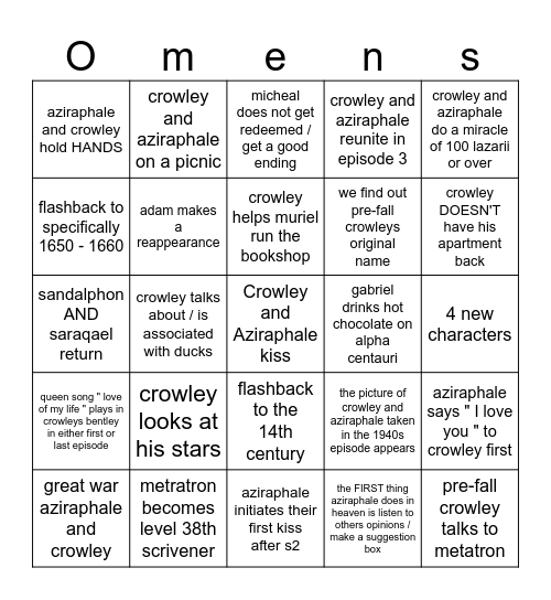 Omens season 3 bingo predictions Bingo Card