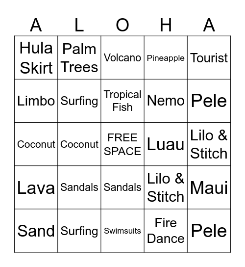 Tropical Vacation Bingo Card