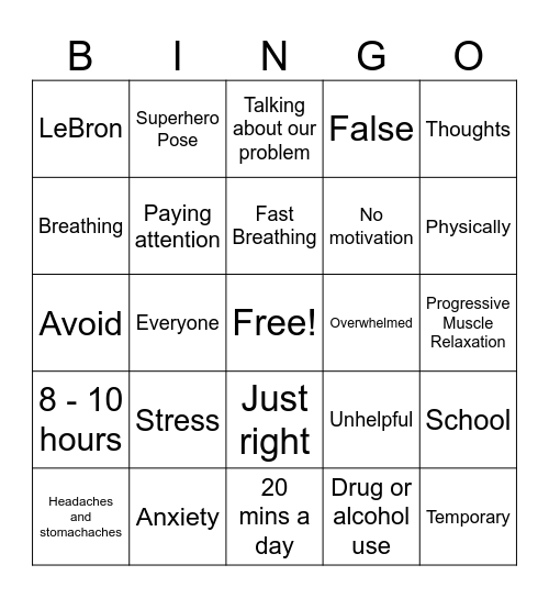Anxiety & Stress Bingo Card
