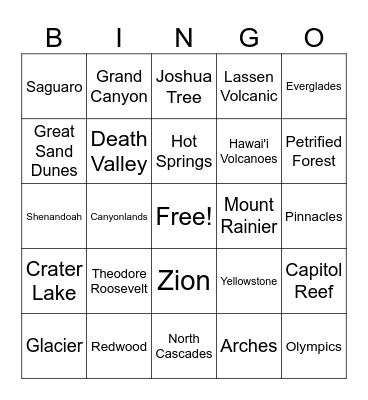 US National Parks Bingo Card