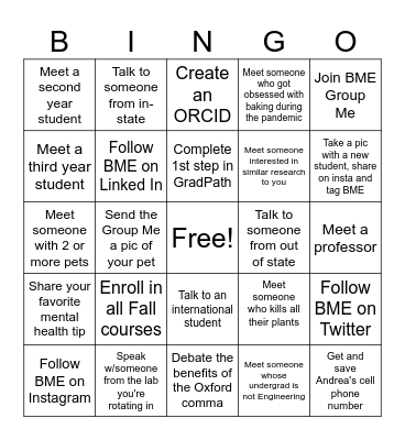 2023 BME Grad Orientation Bingo Card