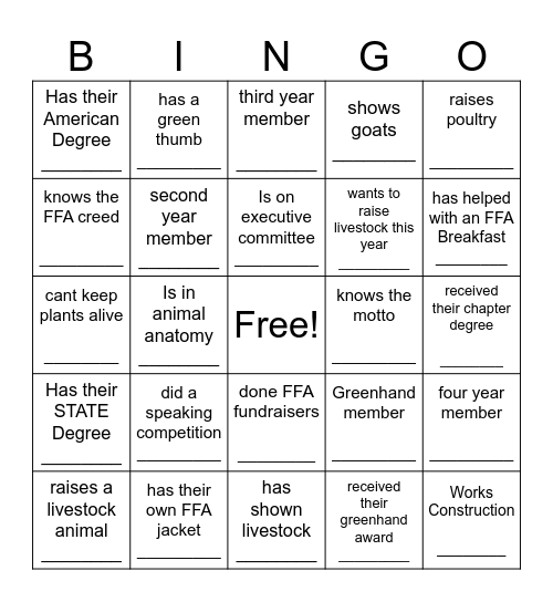 FFA human bingo Card