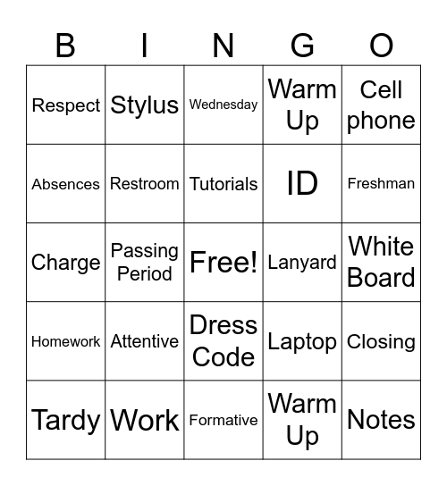 Classroom Expectation Bingo Card