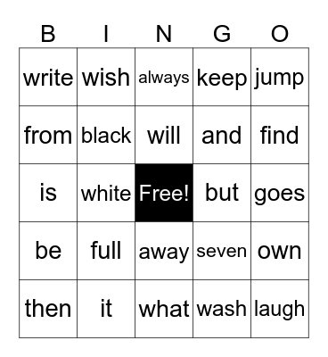 Dolch Sight Words Bingo Card