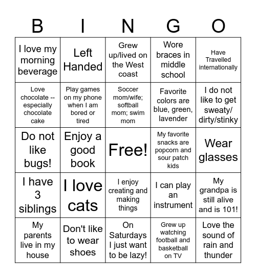 Bingo with Mrs. Linger Bingo Card