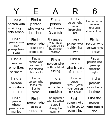 School icebreaker Bingo Card